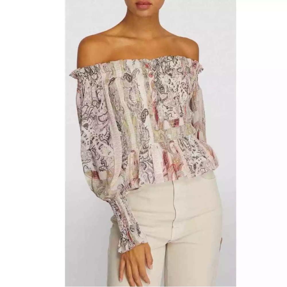 All Saints Pink and Gray Smocked Puff Sleeve Blouse
